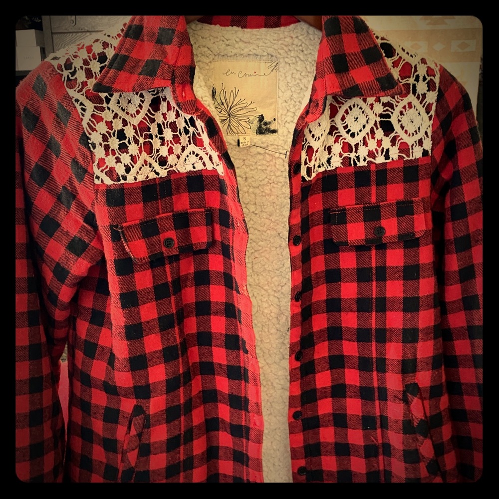 NWT Red/Blk plaid fleece-lined jacket lace detail